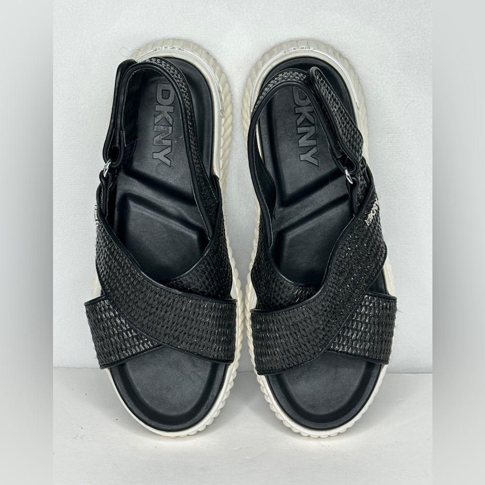 DKNY Malai Woven Crisscross Slingback Platform Sandal Black White Sz 8 1/2